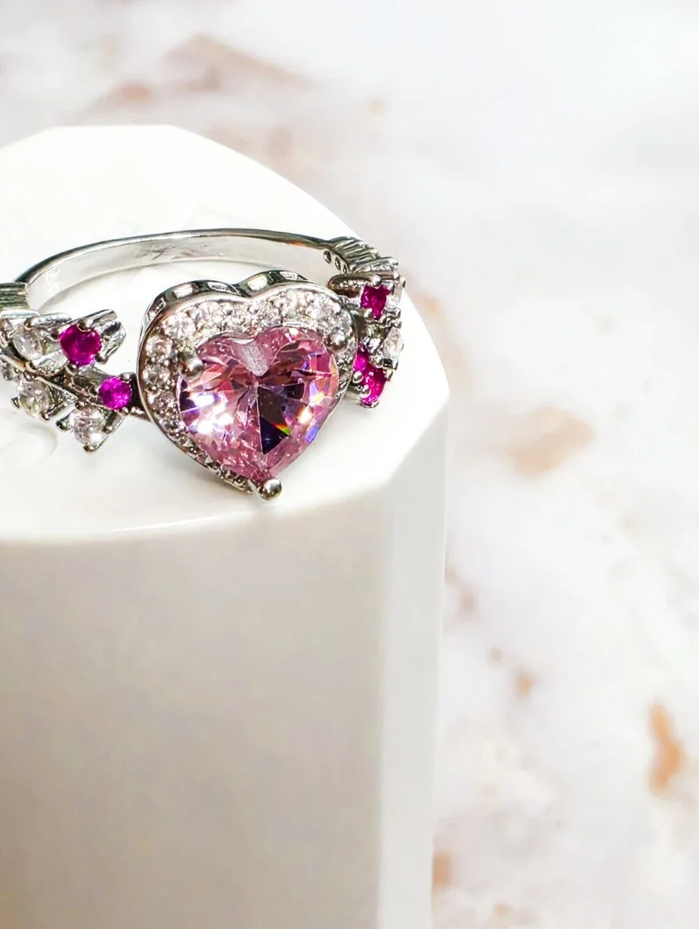 Luxury Pink Heart Zircon Ring Size 7.5 Silver Halo & Floral Band